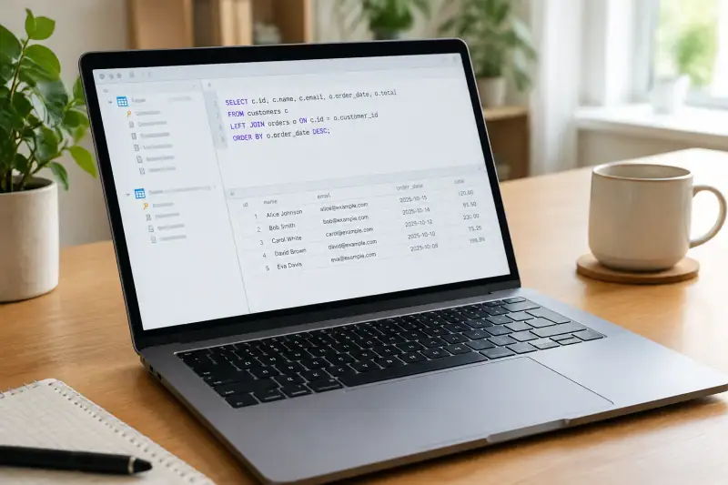Dizüstü bilgisayarda SQL sorgusu ve müşteri-sipariş veri tabloları